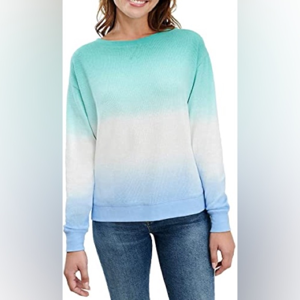 Splendid Ladies’ Thermal Tie Dye Crew Neck Sweat Shirt (Teal/Blue White) Small